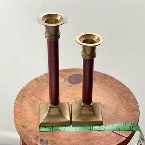 Vintage Brass and Burgundy Candle Holders